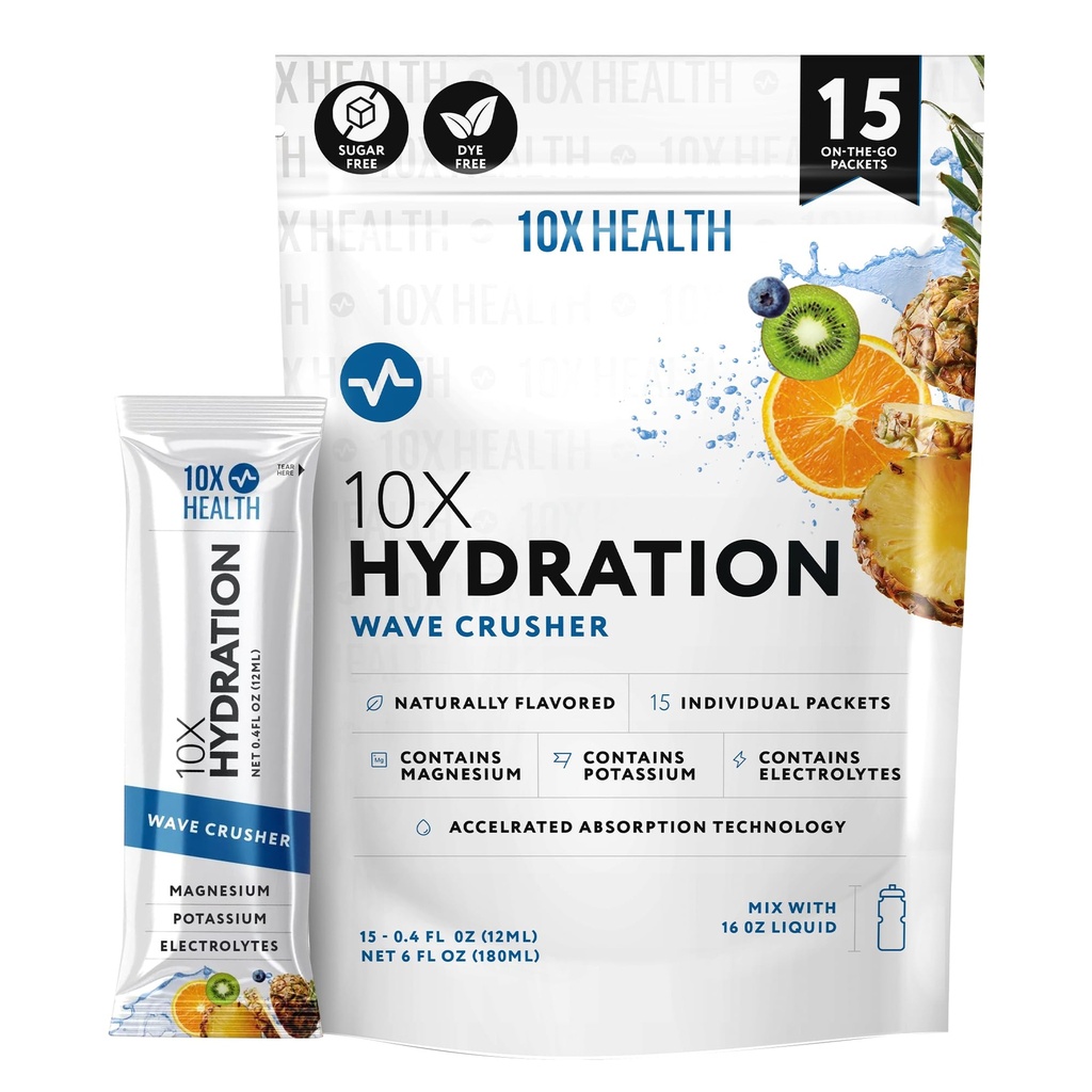 10X Health Hydratation Packets Wave Crusher Electrolyte Drink Mix Liquide 15 Stickpacks avec Citrate de magnésium, Sodium et Potassium - Electrolyte naturel aromatisé