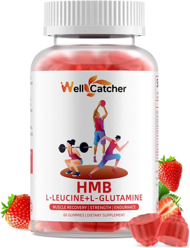 Gommies acides aminés HMB et Leucine: Suppléments HMB pour hommes femmes avec L-glutamine pour la croissance musculaire récupération rapide d'entraînement, sans sucre végétalien non-OGM fraise aromatisée 30 jours