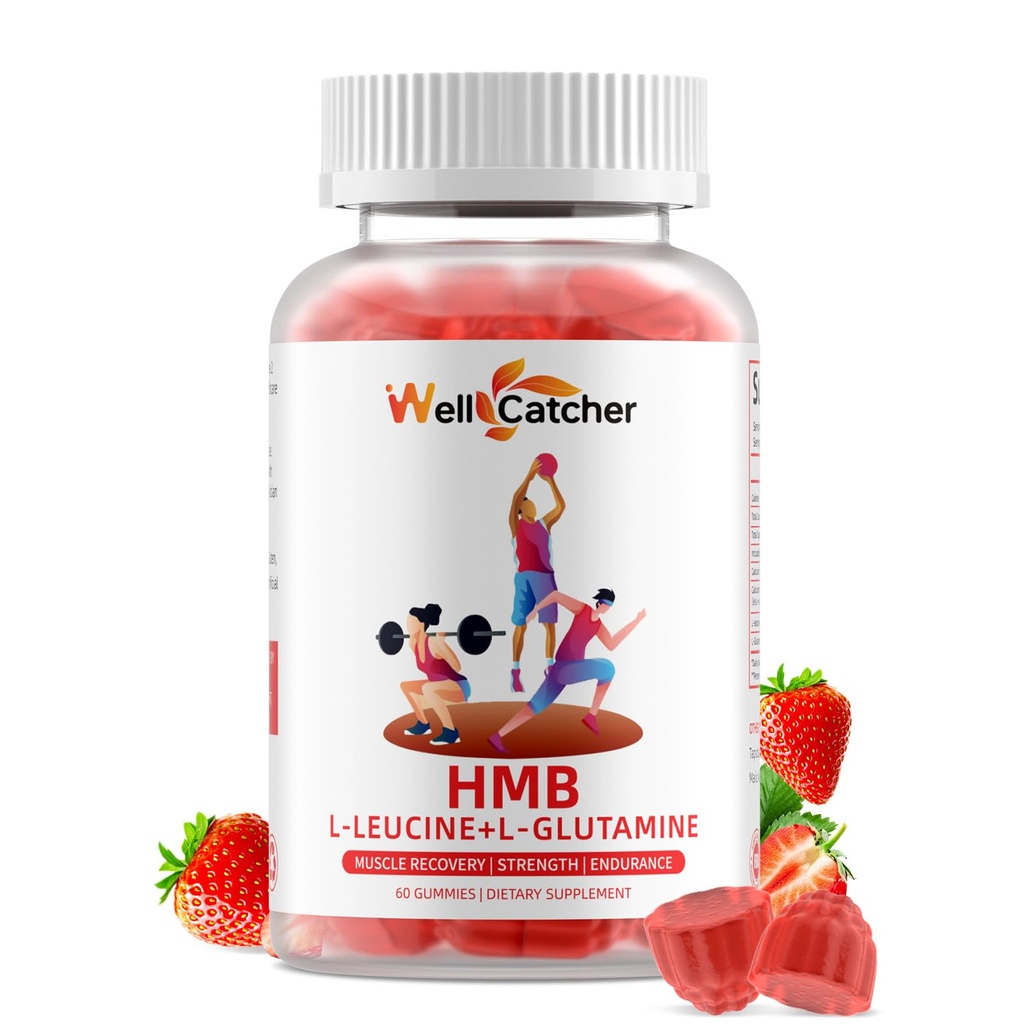 Gommies acides aminés HMB et Leucine: Suppléments HMB pour hommes femmes avec L-glutamine pour la croissance musculaire récupération rapide d'entraînement, sans sucre végétalien non-OGM fraise aromatisée 30 jours
