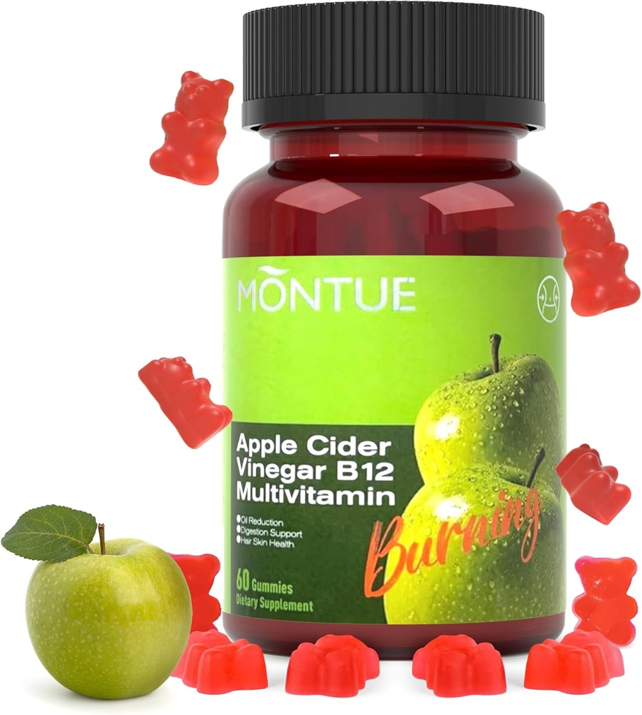 Gommies de vinaigre de cidre de pomme B12 Multivitamine, supplément d'ACV Vitamines gommy, supplément végétarien pour les femmes et les hommes, non OGM, soutenir les niveaux d'énergie normaux et la santé des gommies 60 Gommies (60)
