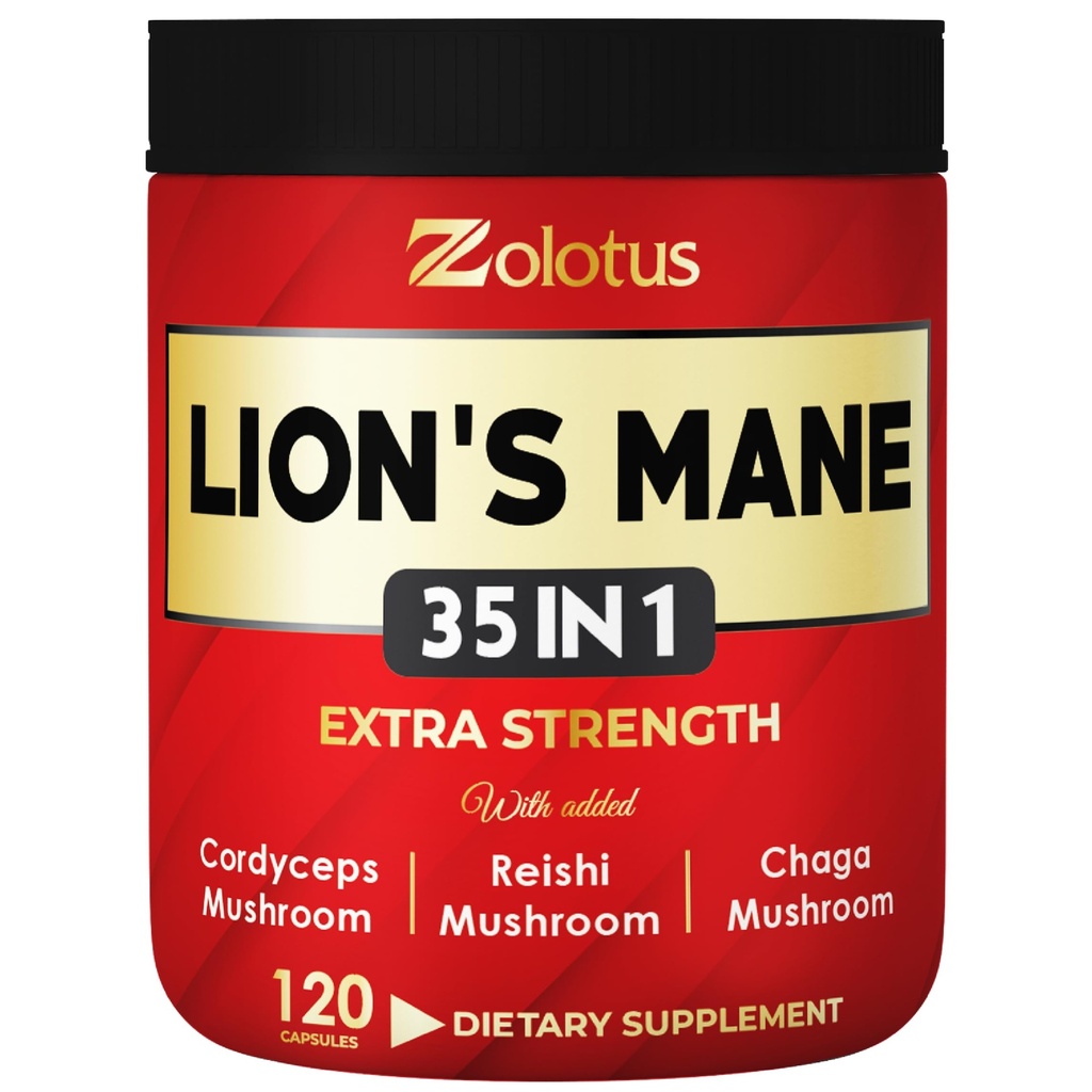 Zolotus 35 en 1 Lions Mane Mushroom Capsules Cordeyceps, Reishi, Elderberry, Ashwagandha, Panax Ginseng - 120 Comte