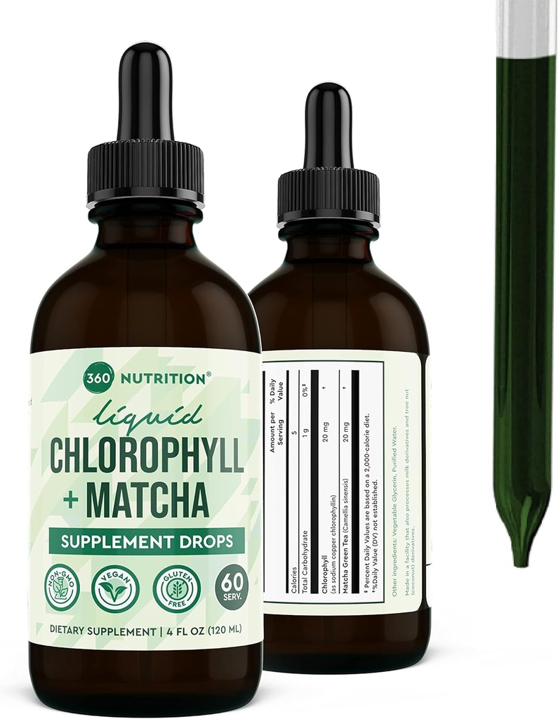 360 Nutrition Matcha Chlorophylle gouttes liquides avec L-Theanine, sans gluten et supplément de déodorant interne végétalien, soutient la santé Gut, digestion, énergie, peau radiante, absorption rapide, 60 portions