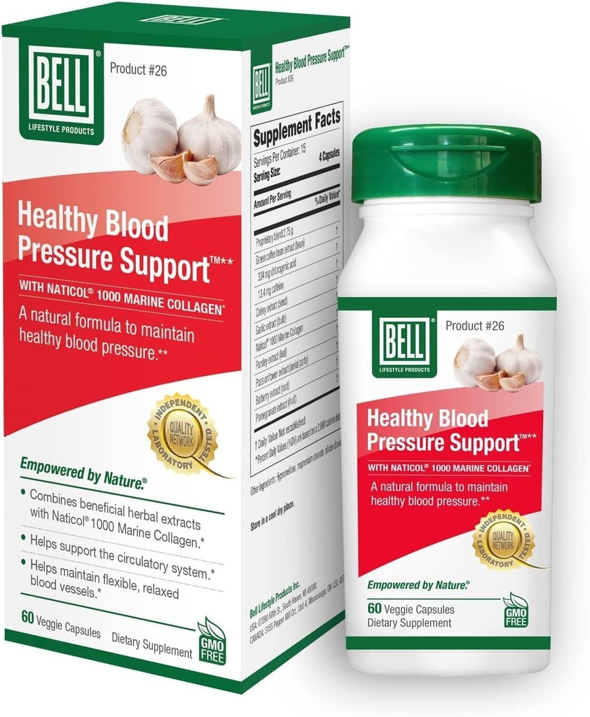 Bell Healthy Blood Pressure SupportTM Unique Blend - Mélange naturel d'extrait de café vert, suppléments d'extrait d'ail et de céleri- 60 capsules, végétalien, non-OGM