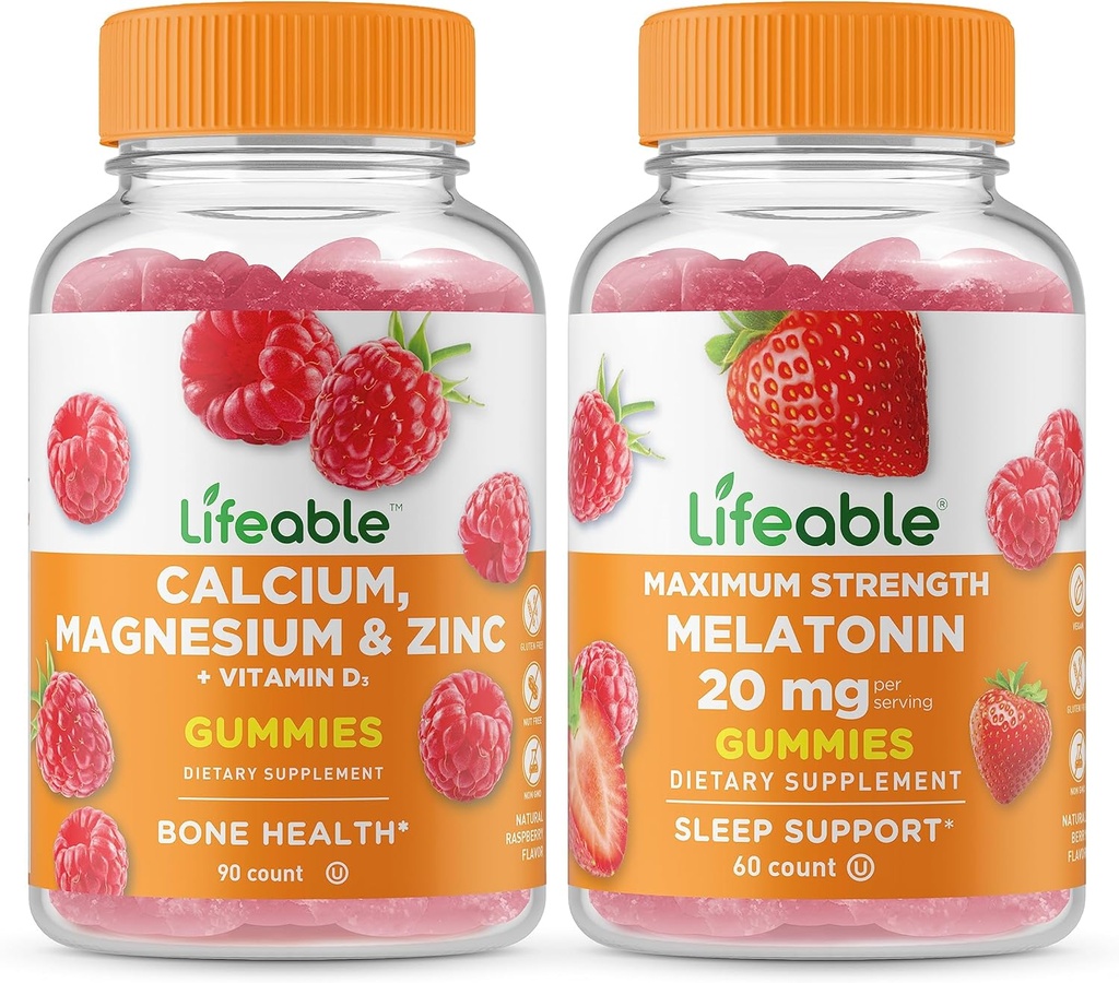 Calcium, Magnésium, Zinc et Vitamine D + Mélatonine 20mg, Gummies Bundle - Grand Dégustation, Supplément vitamine, Sans gluten, Sans OGM, Gummy à croquer