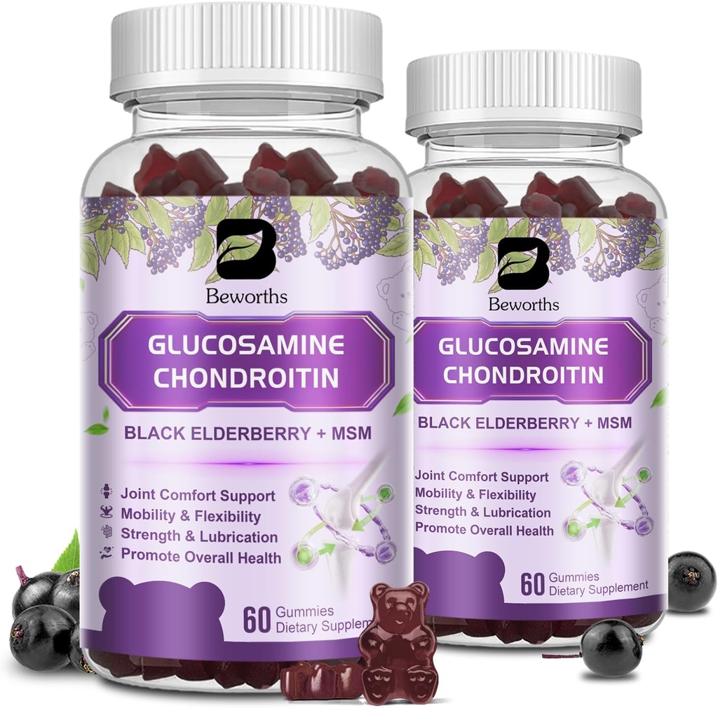 (2 Pack) Glucosamine Chondritine Gommies, supplément de soutien conjoint extra-fort avec MSM & Elderberry pour la mobilité et la flexibilité, antioxydant pour les hommes et les femmes, 120 Gommies