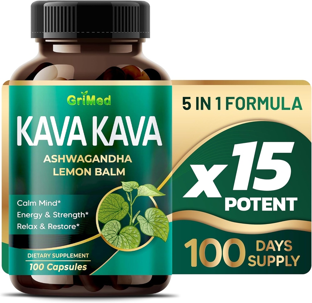 GriMed Kava Kava 19 700mg - X 15 Puissance avec Baume de citron Ashwagandha - Force, détente, restauration, calme - Fabriqué aux États-Unis (100 comtes (paquet de 1))