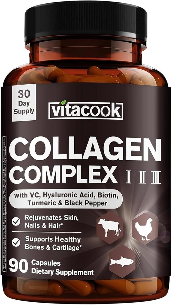 Complexe de Peptides de Collagène, Type I, II, III, 2025 MG, Hydrolysé Multi Collagène, VC, Biotine, HA, Poivre Turmérique et Noir, pour la peau, les cheveux, les ongles, 90 capsules