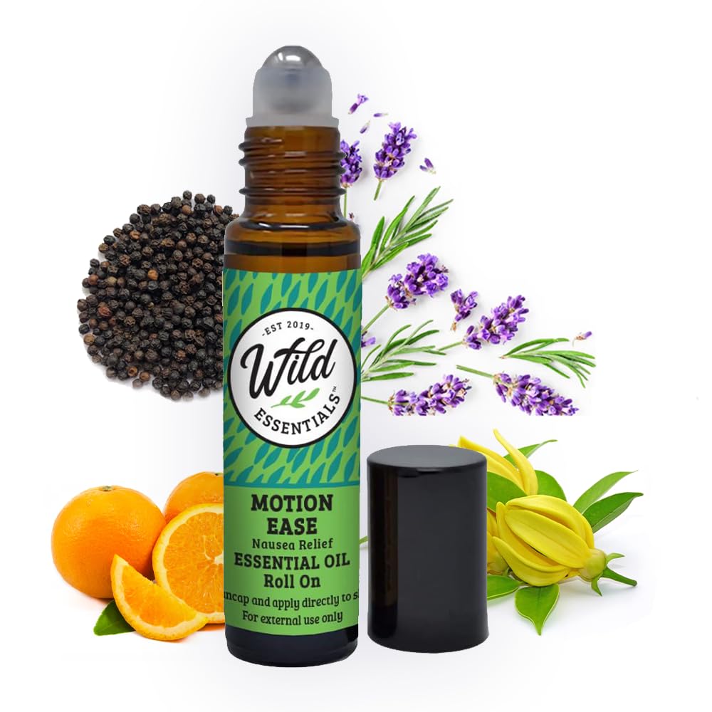 Huile essentielle Wild Essentials Motion Ease Essential Roll on, 10ml Motion Maladie, Nausées, Coucher d'estomac, Vertigo, Tournevis, Seasick, Carsick, Fabriqué avec de l'huile de jojoba biologique, prêt à l'emploi, Hydratant, Tout naturel