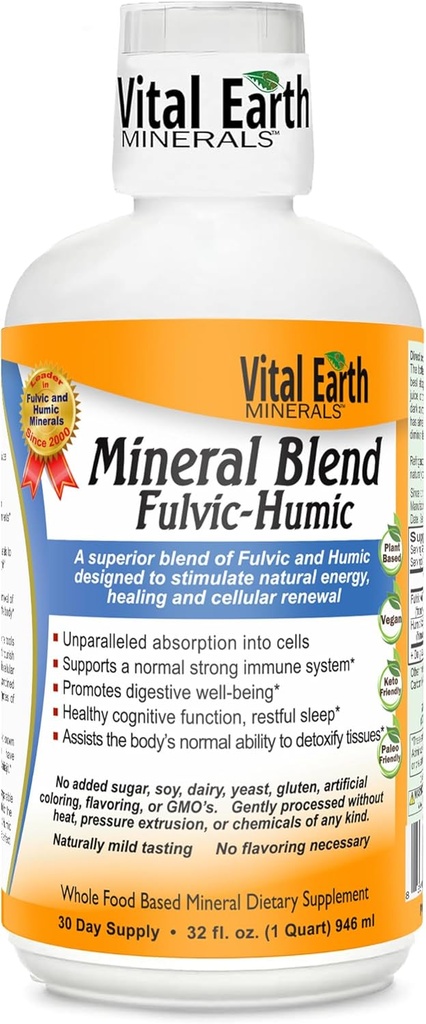Minéraux de la Terre Vital Fulvic Humic Mineral Blend Liquide – Supplément acide fulvic avec 70+ minéraux traces, électrolytes pour récupération, équilibre et énergie, 32 Oz + 1 Oz Cup