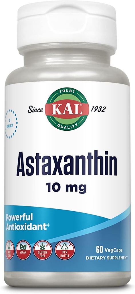 KAL Astaxanthine 10mg, supplément puissant antioxydants, supplément pour la santé des yeux et le cerveau, de source végétale naturelle, non-OGM, végétalien, sans gluten, 30 portions, 60 VegCaps