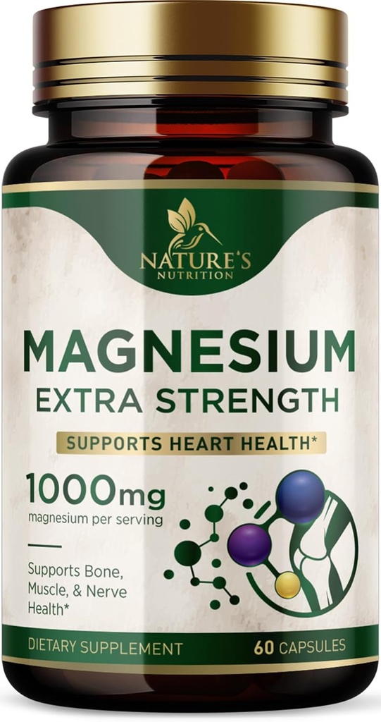 Magnesium Mineral Supplement 1000 mg - High Potency Magnesium Citrate for Bone, Heart Health, Nerves & Muscle Support, Nature's Magnesium Complex for Whole Body Support, Bottled in USA - 60 Capsules
