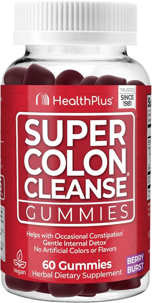 Health Plus Super Colon Cleanse Gummies 15 jours d'approvisionnement d'une douce nuit de soulagement de constipation occasionnelle, extrait de feuille de Senna naturel, supplément diététique, saveur de baie mixte, 60 comte