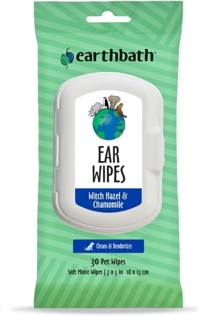 earthbath Dog Ear Wipes - Gentle Dog Ear Cleaner, Best Pet Wipes for Dogs & Cats, Made in USA, Cruelty-Free Dog Wipes, Keep Your Pet's Ears Naturally Clear & Infection Free - 30 Count (1 Pack)