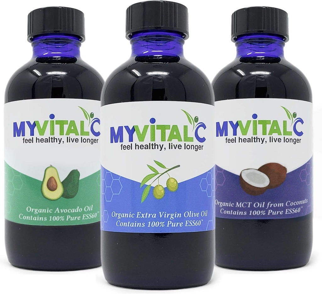 MyVitalC Combo of Organic Extra Virgin Olive Oil, MCT & Avocado Oil - ESS60 Antioxidant Supplement - for Anti-Aging, Longevity, Sleep, Energy - Pack of 3