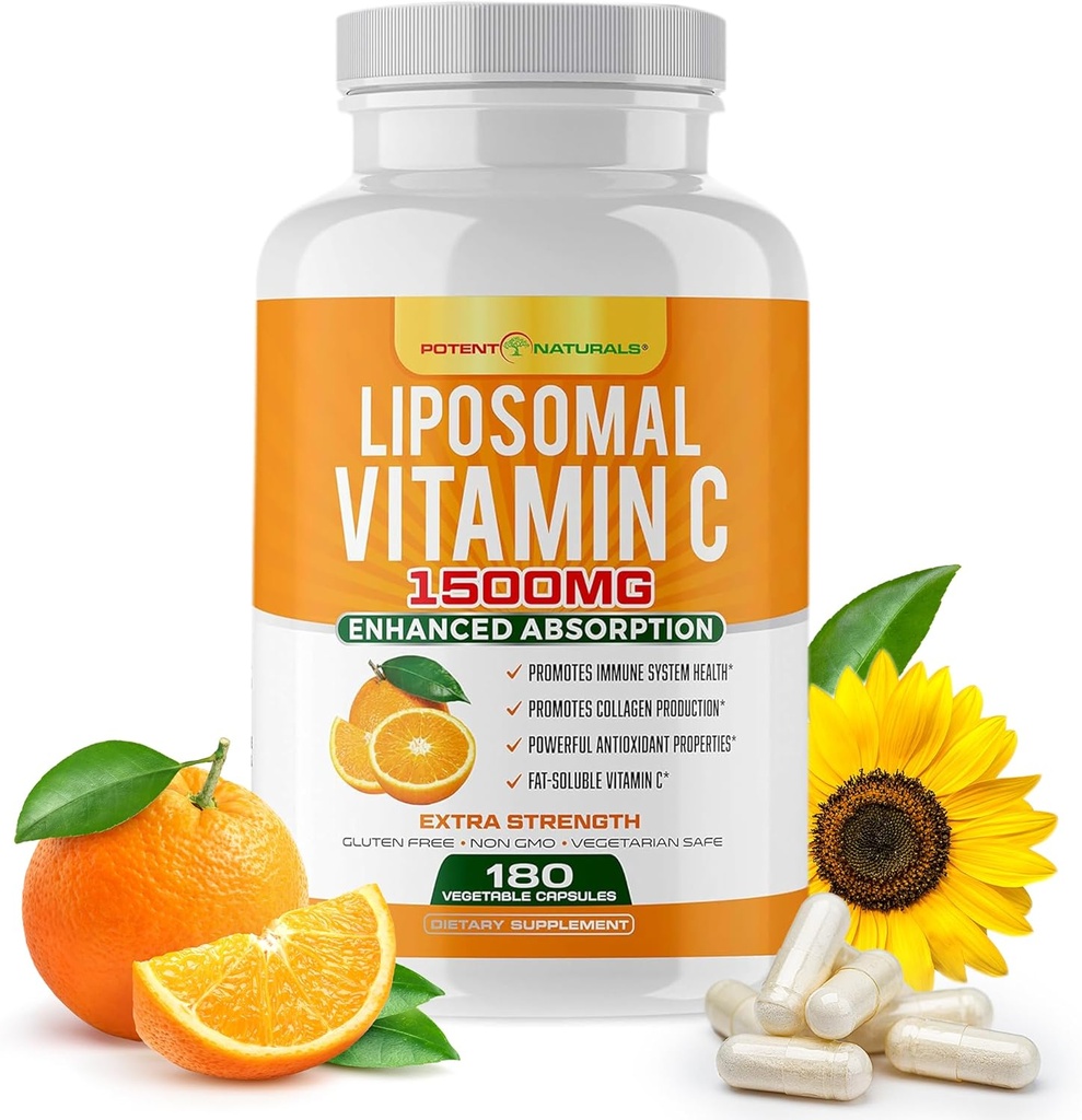 Vitamine liposomique C 1500mg, supplément de vitamine C - Acide ascorbique à absorption élevée - Supplément de soutien immunitaire et aide à la production de collagène- 180 Capsules
