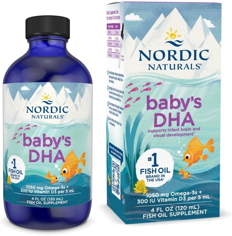 Nordic Naturals Babys DHA, non aromatisé - 4 oz - 1050 mg Omega-3 + 300 UI Vitamine D3 - soutient le développement du cerveau, de la vision et du système nerveux chez les bébés - non-OGM - portions mai Vary