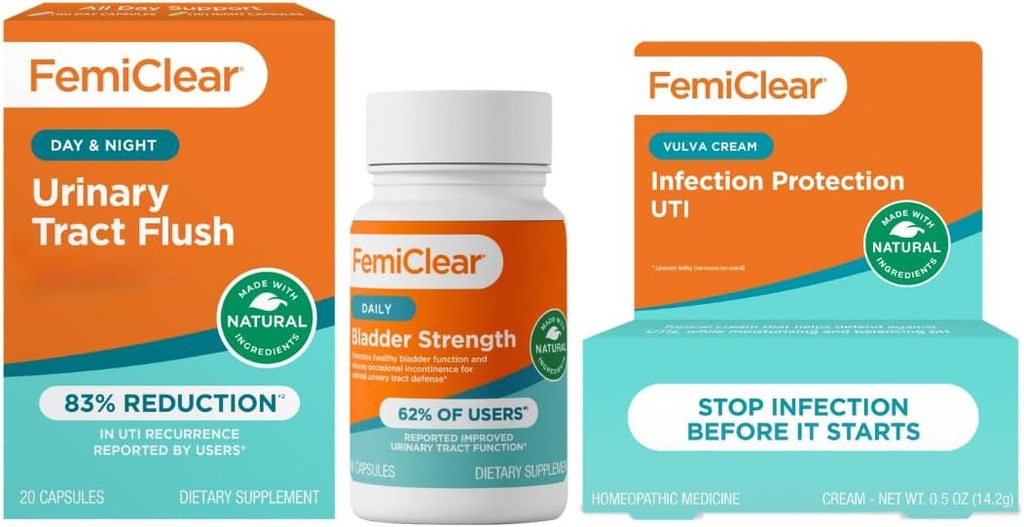 FemiClear - Day & Night Urinary Support - Bladder Strength Supplement - Infection Protection Vulva Cream, Protection Against Urinary Tract Infections- Manufactured in USA