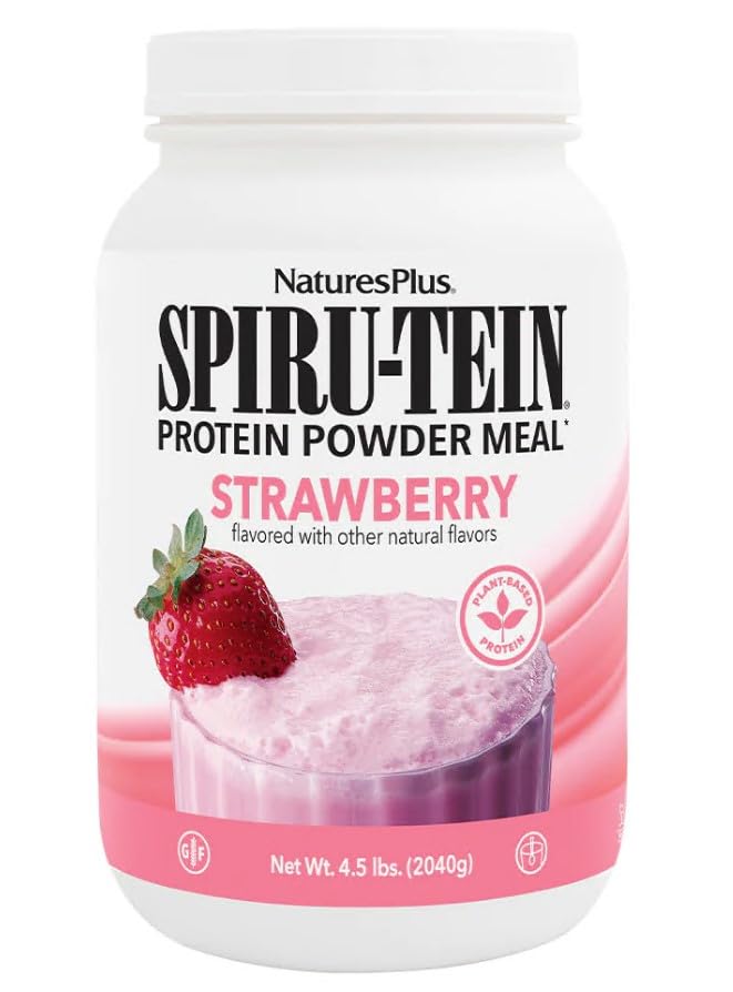 NaturesPlus SPIRU-TEIN, Strawberry - 4.5 lbs - Plant-Based Protein Shake - Non-GMO, Vegetarian, Gluten Free - 60 Servings