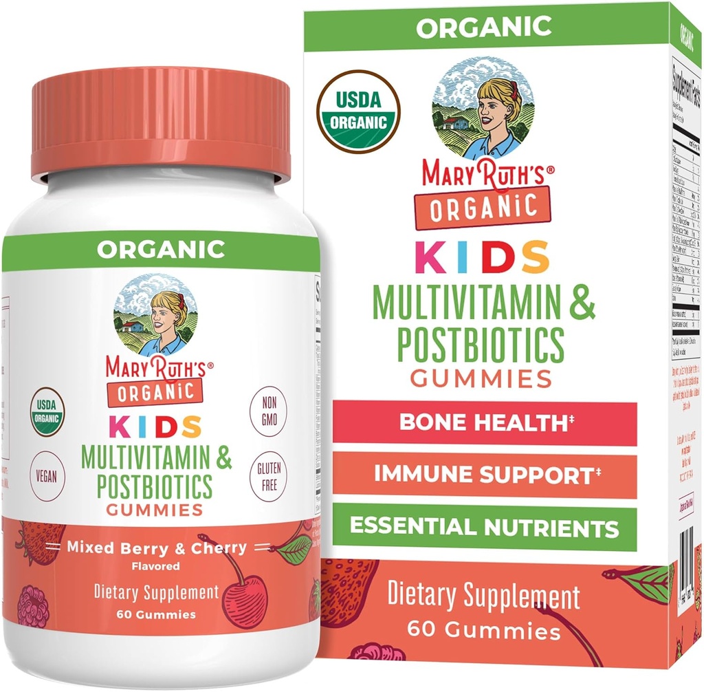 MaryRuth Organics Kids Vitamines (en anglais seulement) USDA Organic (en anglais seulement) Multivitamine Gummies + Postbiotiques pour les 4 ans et plus Lactobacillus Rhamnosus (en anglais seulement)