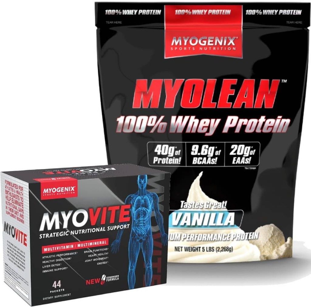 Myogenix Myovite Multivitamine & Myolean Vanilla Whey Protein Bundle – Nutrition quotidienne complète avec 40g High-Protein Whey – Soutien énergie, croissance musculaire et récupération