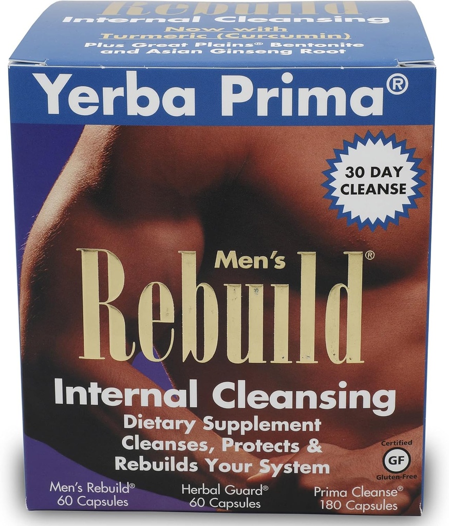 Yerba Prima Cleanse Men Rebuild Kit - 30 Day Internal Cleansing Supplements Designed for Males - Prostate & Colon Health - Kidney & Liver - Natural Herbal Psyllium Fiber, Aloe Vera, Milk Thistle Seed