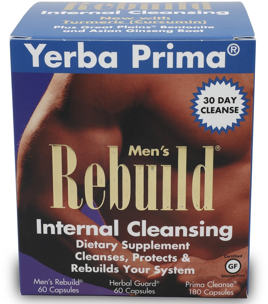 Yerba Prima Cleanse Men Rebuild Kit - Suppléments de nettoyage interne de 30 jours conçus pour les mâles - Prostate & Colon Health - Rein et foie - Fibre naturelle de psylium, Aloe Vera, graines de chardon de lait