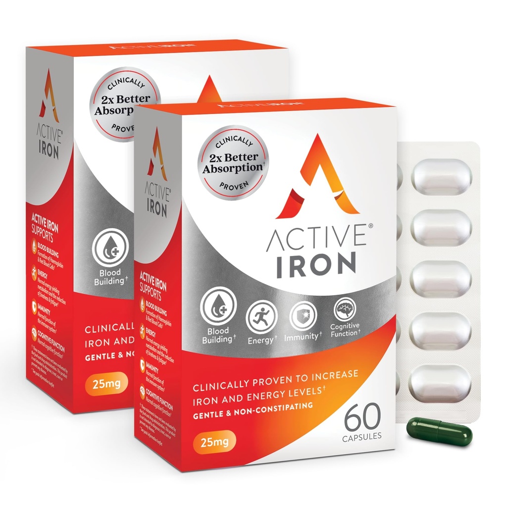 Supplément en fer actif 25mg – Prouvé cliniquement pour augmenter les niveaux de fer et d'énergie – doux, non constipant, fortement absorbé – 120 capsules