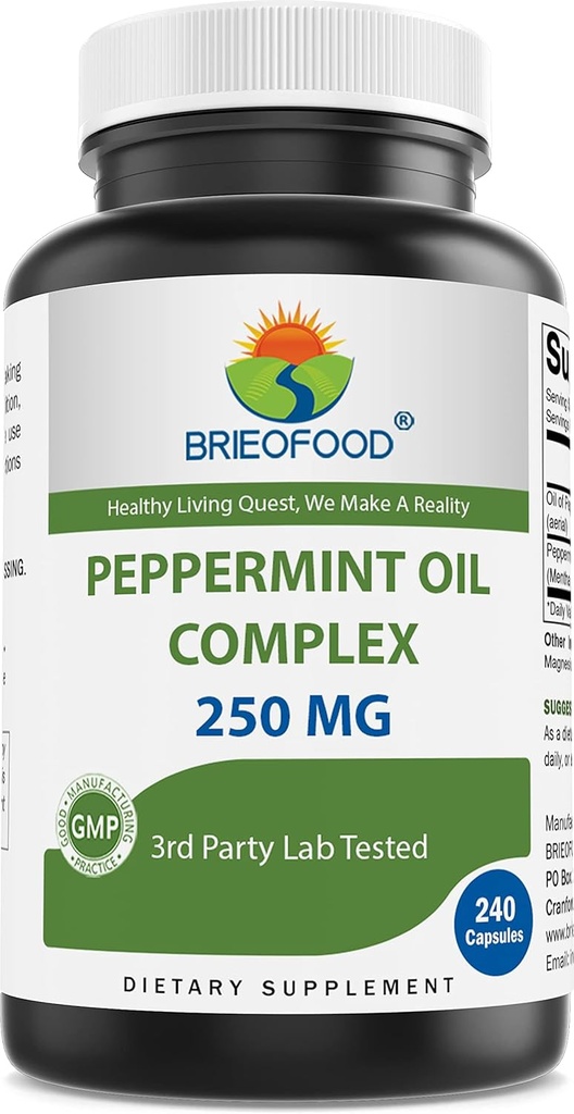 Brieofood Peppermint Oil Complex - 250 mg - 240 Capsules - Soutient un Gut sain, Bowel apaisant - sans gluten et non-OGM