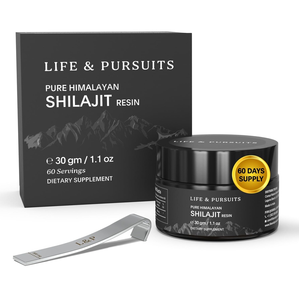 Life & Pursuits 100% Pure Real India Himalayan Shilajit Resin, 1,1 oz 500mg, Acid Fulvic minimum 75 %, 85+ Trace Minerals, Supplément diététique pour les hommes 3rd Party Lab Test Report, 60 portions (paquet de 1)
