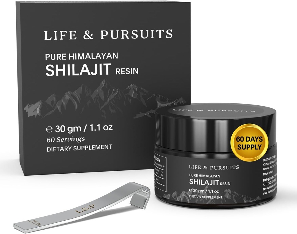 Life & Pursuits 100% Pure Real India Himalayan Shilajit Resin, 1.1 oz 500mg, Minimum 75% Fulvic Acid, 85+ Trace Minerals, Dietary Supplement for Men 3rd Party Lab Test Report, 60 Servings (Pack of 1)