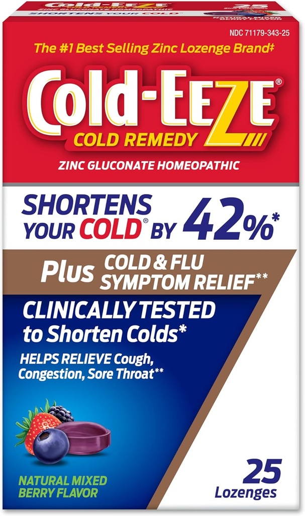 Cold-Eeze Plus Berry mélangé naturel Cold & Flu Zinc Lozenges, soulagement multisymptômes, remède homéopathique à froid, réduit la durée du rhume commun, Sambucus Nigra pour soulager les symptômes du rhume et de la grippe, 25 Ct