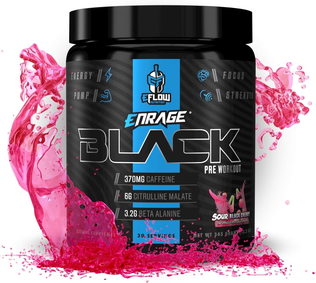 eFlow Nutrition Enrage Black High Stimulant Pre Workout Supplément - Poudre pour stimuler l'énergie, les pompes et la force - 4 saveurs (30 portions) (Sour cerise noire)