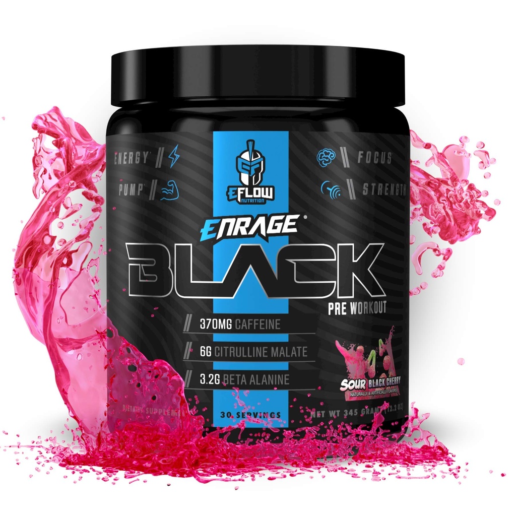 eFlow Nutrition Enrage Black High Stimulant Pre Workout Supplément - Poudre pour stimuler l'énergie, les pompes et la force - 4 saveurs (30 portions) (Sour cerise noire)