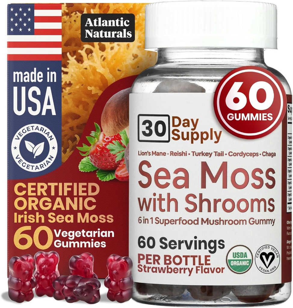 Gummies de mousse de mer avec lions Mane Champignon - Sea Moss Gel Alternative avec la mousse d'Irlande, Reishi, Cordyceps, Chaga & Turquie Tail Supplément - Focus Gummy Sans Café- 60 ct