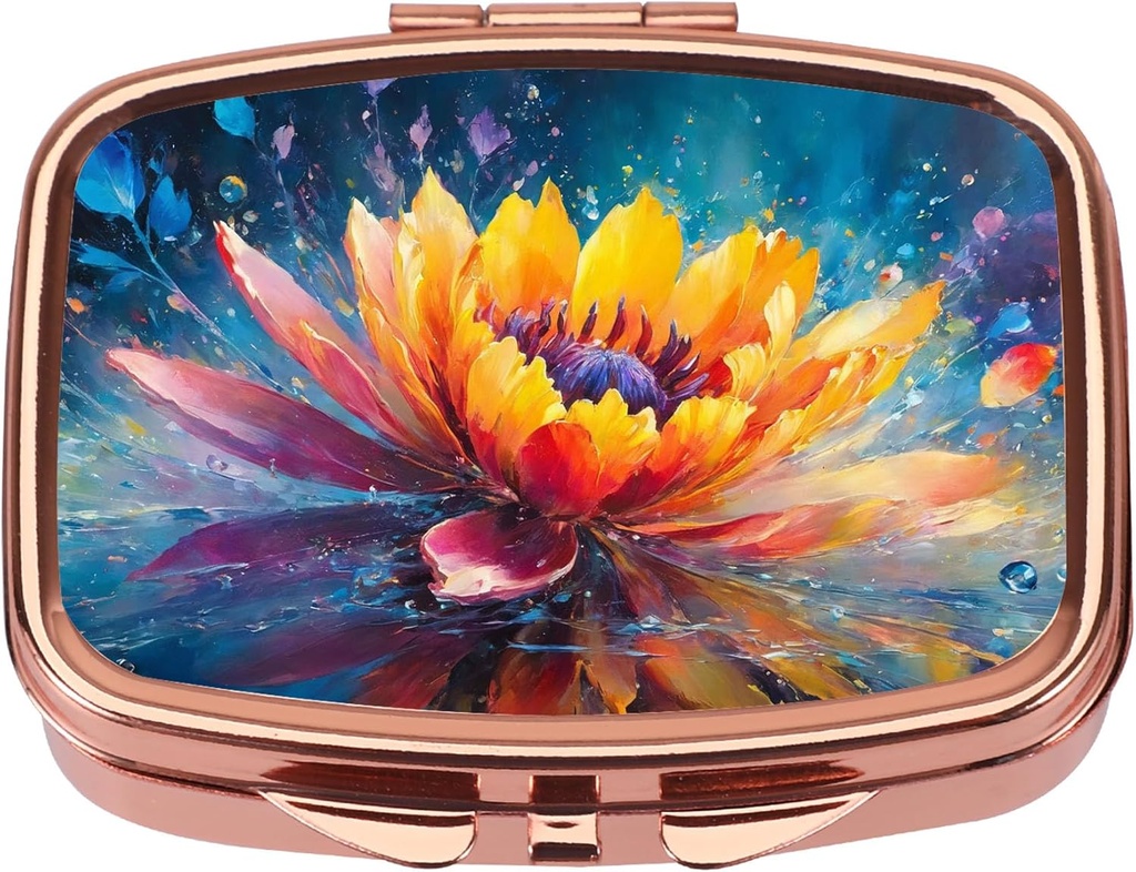 Boîte à pilules Dynippy avec miroir Pocket rétro 2 Compartiment Médicament organisateur de pilules vitaminées pour la chasse à la poche et les voyages (Rose Gold - Fleur colorée)