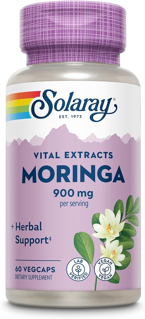 SOLARAY Moringa Capsules 900 mg - Supplément Moringa avec 135 mg Saponines - Support à base de plantes avec Vitamines, Minéraux, Acides aminés, Vegan, Garantie de 60 jours, 30 portions, 60 capsules