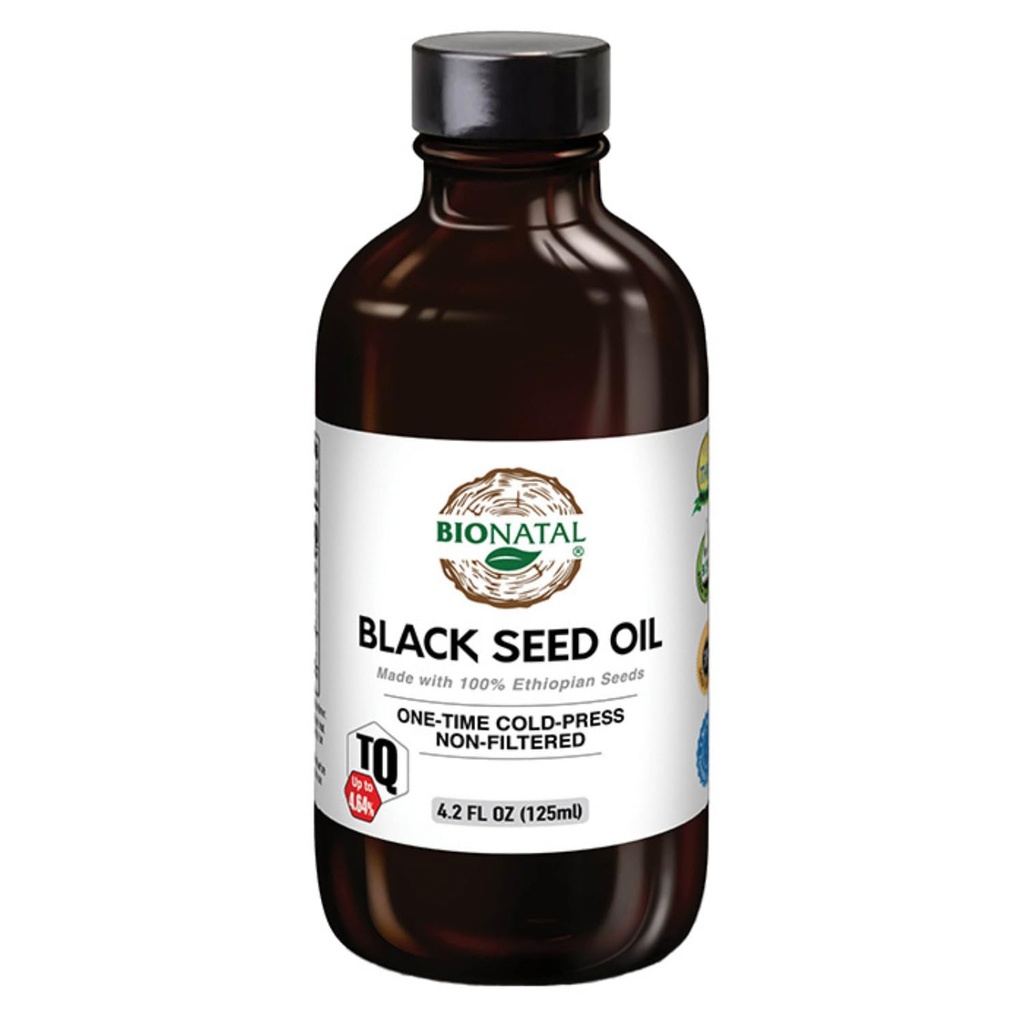 BioNatal Huile de graines noires éthiopiennes 4.2oz Verre– Nigella sativa pressée à froid produisant de l'huile de graines de cumin noir, non raffinée et non filtée, haute TQ Jusqu'à 4,64 % – Supporte le système immunitaire, la digestion et les articulations