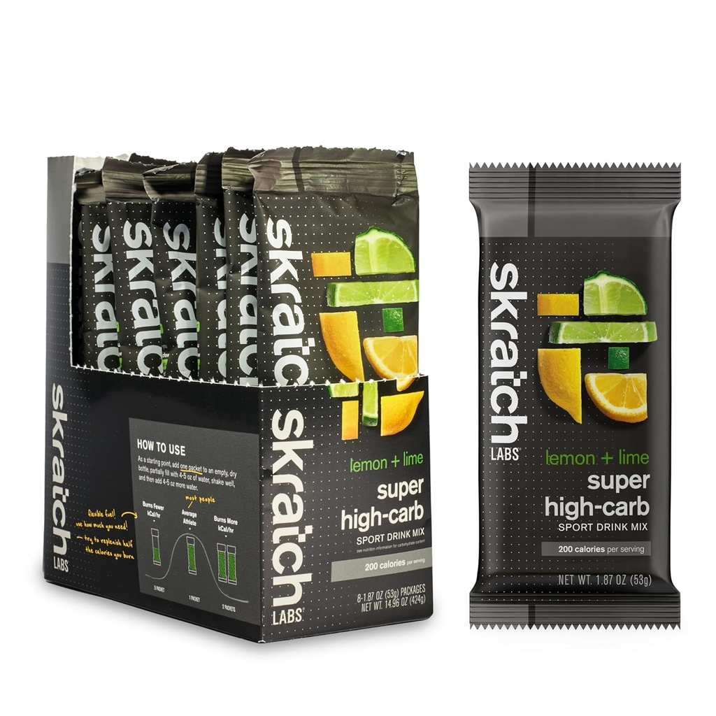 Skratch Labs Super packs de boissons à haute teneur en glucides - Poudre d'hydrates de carbone - Dextrine à grappes et électrolytes - Endurance Energy- Energy Gel Alternative - Citron/Lime - 8 packs de service unique - Non-OGM