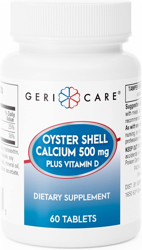 GeriCare Oyster Shell Calcium 500mg + Vitamine D, Santé des os, Comprimés de supplément nutritionnel, 60 Nombre (paquet de 1)