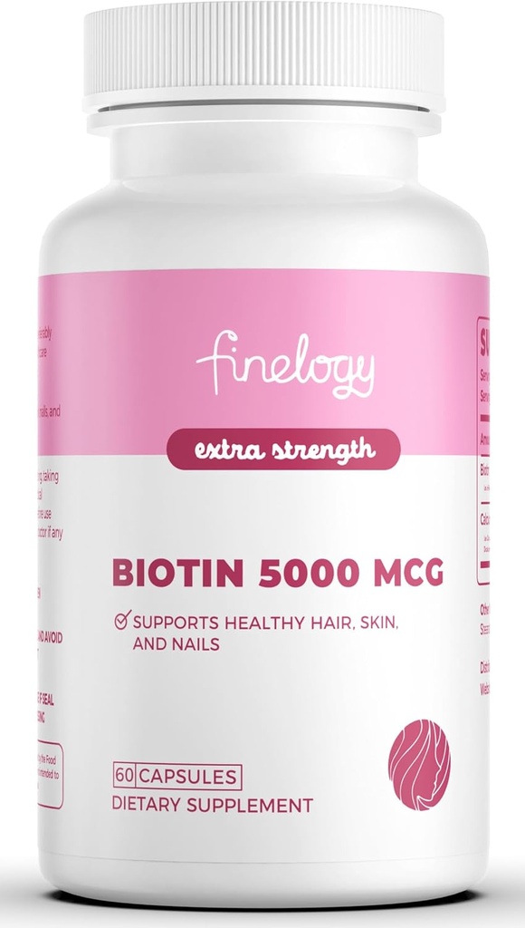 Extra Strength Biotin 5000 MCG, 60 Capsules pour la santé des cheveux, de la peau, des ongles et des os, sans OGM et sans gluten, supplément de biotine haute puissance (2 mois d'approvisionnement)