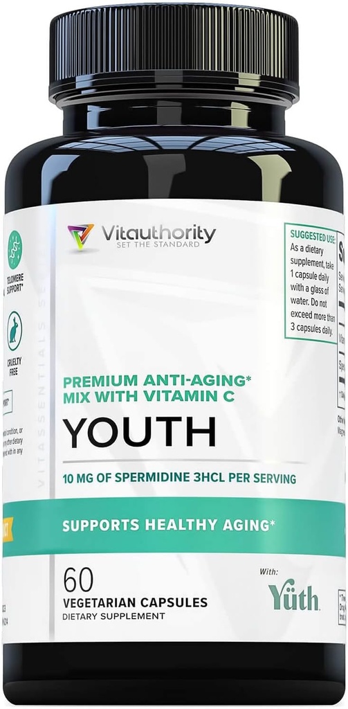 Absorption améliorée Supplément de spermidine pure - 99 % Supplément anti-vieillissement normalisé de spermidine 3HCL pour les femmes et les hommes Longévité Cerveau Telomere Cellule cardiaque et soutien de la peau - 60 portions