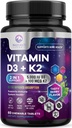 Vitamine D3 K2 - 5000 iu Vitamine D3 & 100 mcg Vitamine K2 (MK-7) Complexe pour le soutien immunitaire - Soutien à la santé des os, des dents et des muscles - Berry Chewable, sans gluten, sans OGM, mis en bouteille aux États-Unis - 60 comprimés