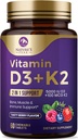 Vitamine D3 K2 - 5000 iu Vitamine D3 & 100 mcg Vitamine K2 (MK-7) Complexe pour le soutien immunitaire - Soutien à la santé des os, des dents et des muscles - Berry Chewable, sans gluten, sans OGM, mis en bouteille aux États-Unis - 60 comprimés