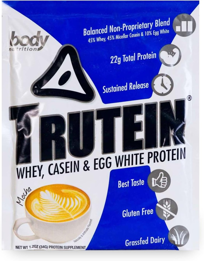 Alimentation corporelle Trutéine Poudre à haute teneur en protéines : 45% Whey, 45% Caséine, 10% Blanc d'oeuf, Sans gluten, Faible teneur en sodium, Poudre de protéines de lactosérum, Supplément de gymnastique et petit déjeuner Shake, Mocha, 34g Échantillon