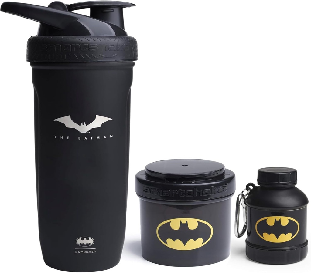 Smartshake DC Comics Bundle – Batman acier inoxydable Protein Shaker 900ml avec entonnoir 110ml et contenants de stockage 200ml.