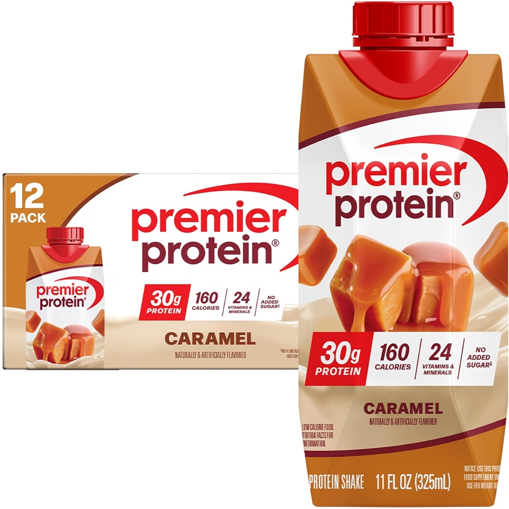 Premier shake protéinique, caramel, 30 g de protéines, 11 fl oz, boîte de 12 (emballage de mai Vary)