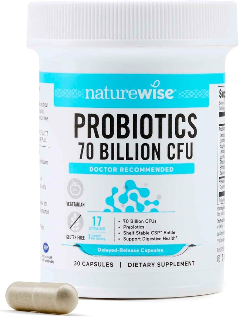 NatureWise Probiotics 70 Billion CFU - 17 Strains + Organic Prebiotics - Immune, Digestive & Gut Health Support for Women & Men - Vegetarian, Gluten-Free, Non-GMO - 30 Capsules[1-Month Supply]