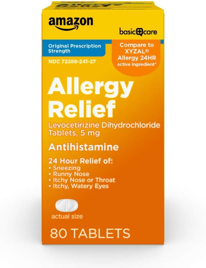 Soins de base Allégation 24 heures sur 24, comprimés de dichlorhydrate de levocétizine, 5 mg d'antihistaminique pour éternuer, nez runny, nez démangeaison ou de gorge et de démangeaison, yeux aqueux, 80 Count Pack