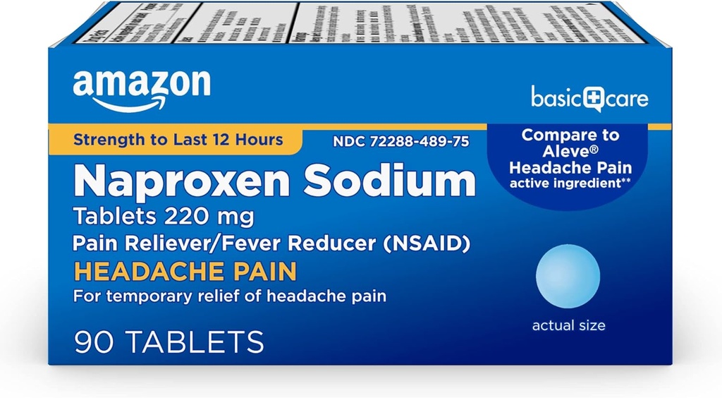 Soins de base Mal de tête Relief de douleur Naproxen Comprimés de sodium 220 mg, Soulage également l'arthrite, les douleurs musculaires, les maux de dos, les crampes menstruelles et la dentache, 90 Compte
