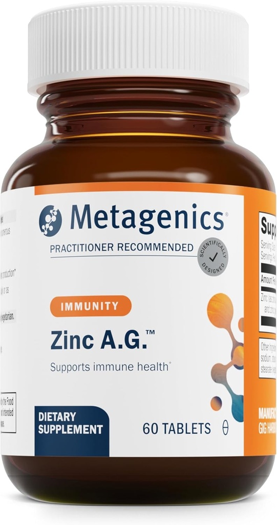 Métagène Zinc A.G. - Zinc hautement absorbant avec des chélates d'arginine et de glycine - soutient la fonction immunitaire, la santé osseuse, la peau et l'énergie Métabolisme - Non-OGM et sans gluten - 60 comprimés